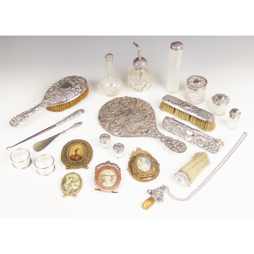 53 - A selection of silver and white metal tableware, to include a Victorian cut glass silver mounted sce... 