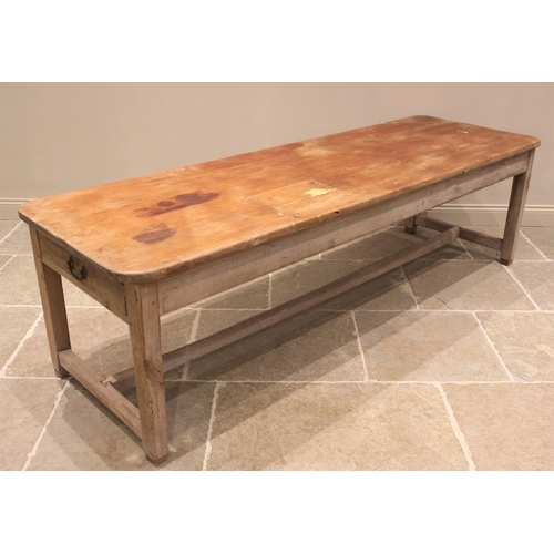 753 - A 19th century pine country house kitchen or scullery table, the rectangular scrub top with rounded ... 