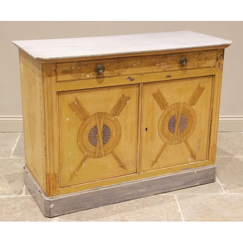 757 - A painted French style side cabinet, 19th century and later, the simulated marble top with canted fr... 