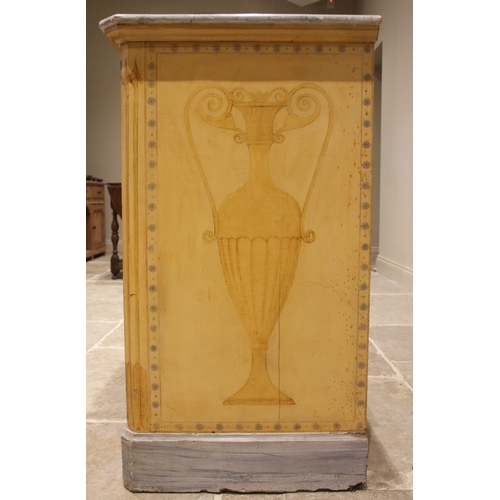 757 - A painted French style side cabinet, 19th century and later, the simulated marble top with canted fr... 