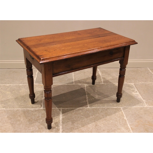 786 - A Victorian pitch pine side table, the rectangular moulded top above a single frieze drawer, raised ... 