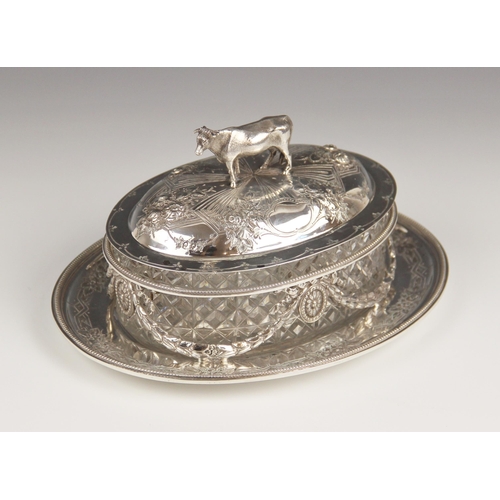 95 - A Victorian silver cut glass butter dish, of oval form, Martin, Hall & Co, London 1878, the stand em... 