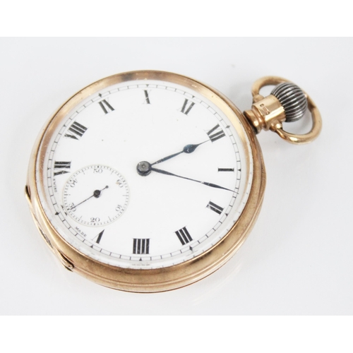 138 - A George V 9ct gold open face pocket watch, the round white enamel dial with Roman numerals and subs... 