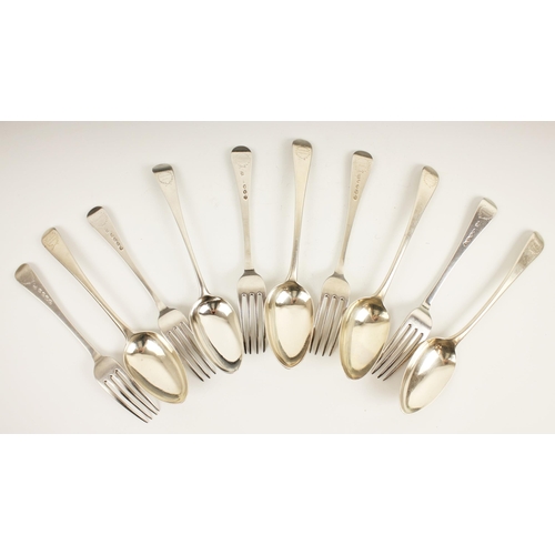 51 - A part canteen of George III Old English pattern silver cutlery, comprising five forks and five spoo... 