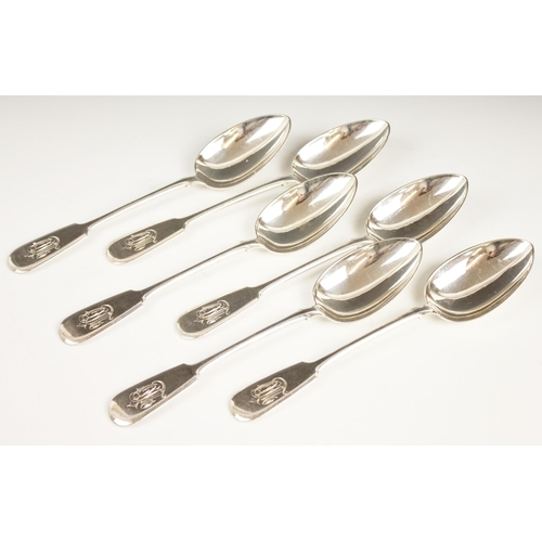 66 - A set of six early 20th century Russian fiddle pattern silver spoons, Ivan Khlebnikov, Moscow, monog... 