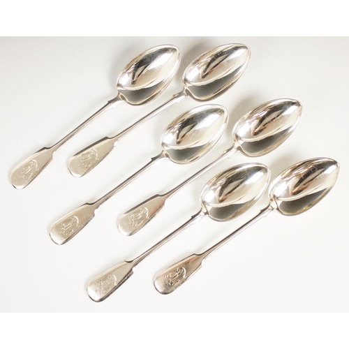 66 - A set of six early 20th century Russian fiddle pattern silver spoons, Ivan Khlebnikov, Moscow, monog... 