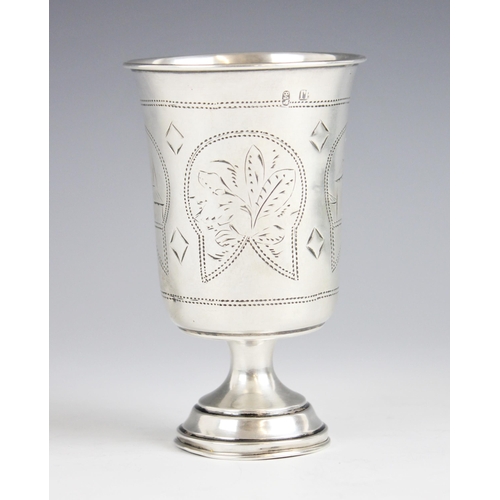 69 - A Kyiv or Kiev silver toddy cup, of cylindrical form with flared rim upon pedestal foot, engraved wi... 