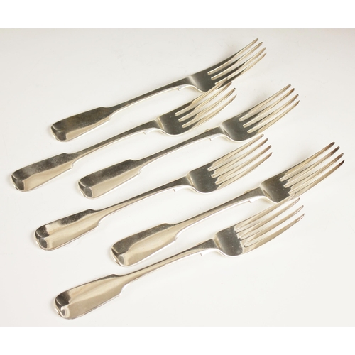 73 - A set of six Victorian silver fiddle pattern table forks, Robert Williams and Sons, Exeter 1848, eac... 