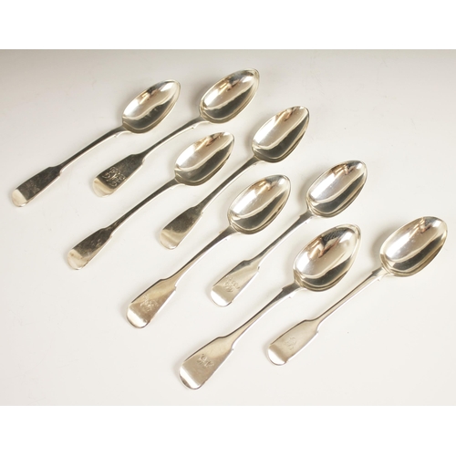 75 - A pair of George IV fiddle pattern silver dessert spoons, John William Blake, London 1828, 18cm long... 