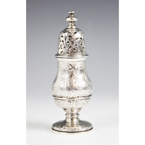 68 - A Victorian silver muffineer, Charles & George Fox, London 1870, of waisted baluster form on knopped... 