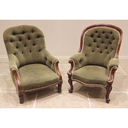 773 - A Victorian mahogany framed upholstered armchair, in green velour, the arched button back extending ... 