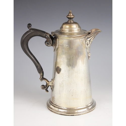 16 - A George V silver hot water jug, Harrison Brothers & Howson, Sheffield 1923, of tapering cylindrical... 