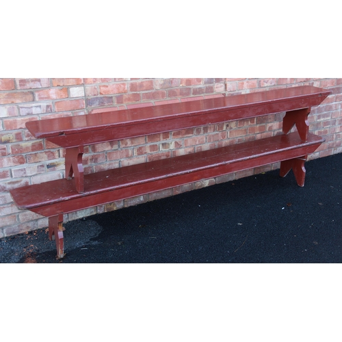 788 - Two painted pine benches, late 19th/early 20th century, the plank tops raised upon 'V' cut supports,... 