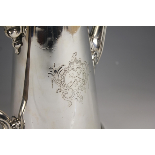 94 - A George II silver coffee pot, London 1745 (maker's marks worn), of tapering cylindrical form on rai... 