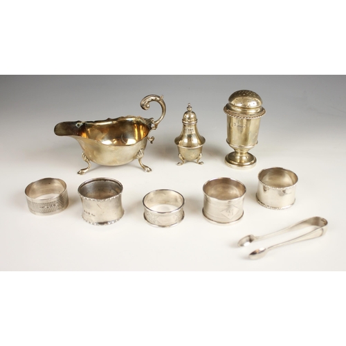 98 - A selection of silver tableware, to include a George VI silver sauce boat, Birmingham 1939 (maker's ... 