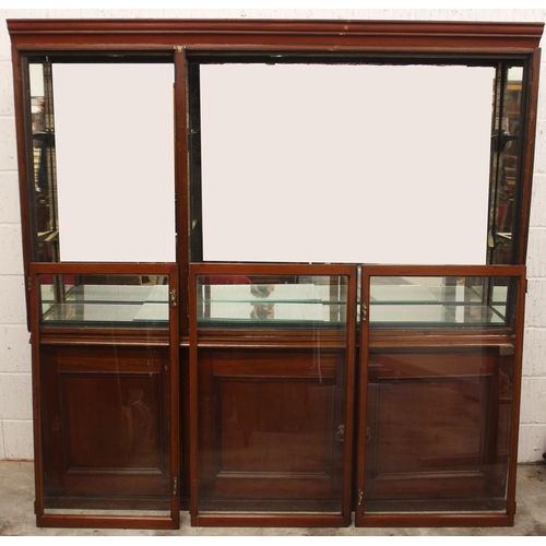 756 - A late 19th/early 20th century and later stained wood museum display cabinet, the moulded cornice ab... 