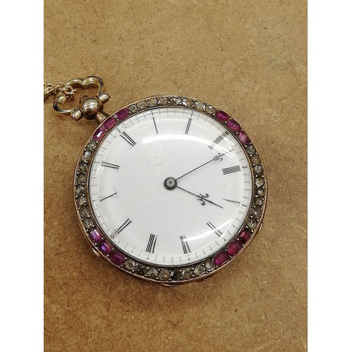 158 - An early 20th century French diamond and ruby fob watch by Rossel & Fils, the circular white dial wi... 