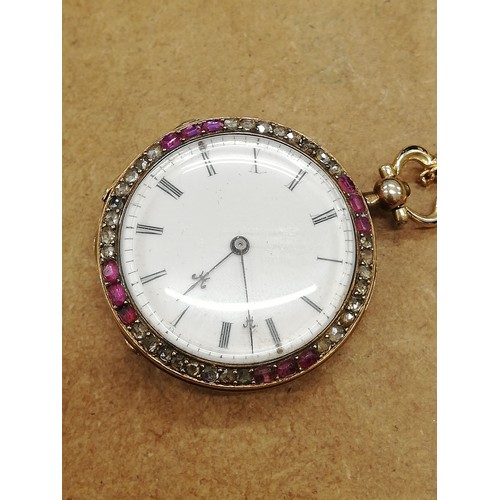 158 - An early 20th century French diamond and ruby fob watch by Rossel & Fils, the circular white dial wi... 