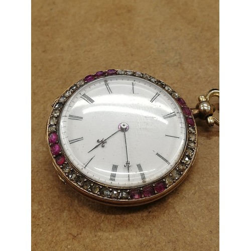 158 - An early 20th century French diamond and ruby fob watch by Rossel & Fils, the circular white dial wi... 