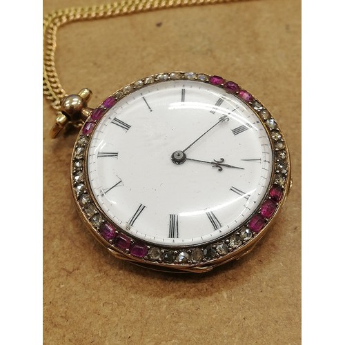 158 - An early 20th century French diamond and ruby fob watch by Rossel & Fils, the circular white dial wi... 