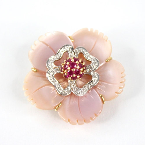 106 - A ruby, diamond and pink shell 18ct gold pendant brooch, designed as a central ruby set cluster, upo... 