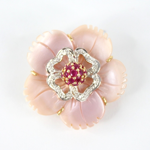 106 - A ruby, diamond and pink shell 18ct gold pendant brooch, designed as a central ruby set cluster, upo... 