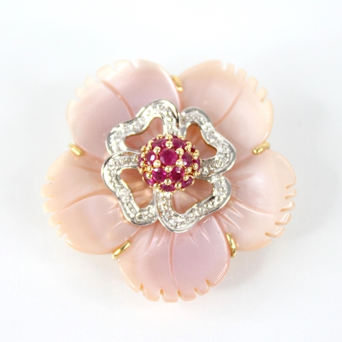 106 - A ruby, diamond and pink shell 18ct gold pendant brooch, designed as a central ruby set cluster, upo... 