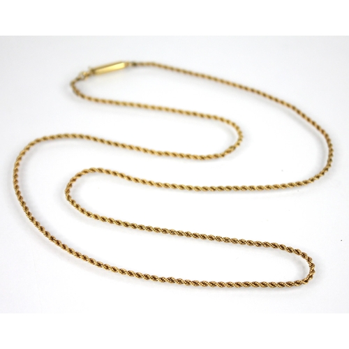 112 - An early 20th century gold coloured rope twist chain, tongue and barrel snap clasp fastening, applie... 