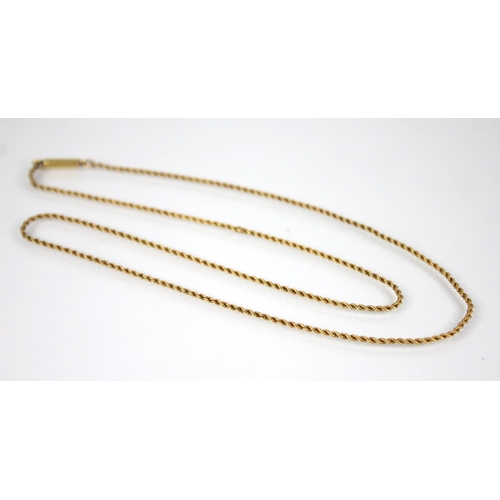 112 - An early 20th century gold coloured rope twist chain, tongue and barrel snap clasp fastening, applie... 