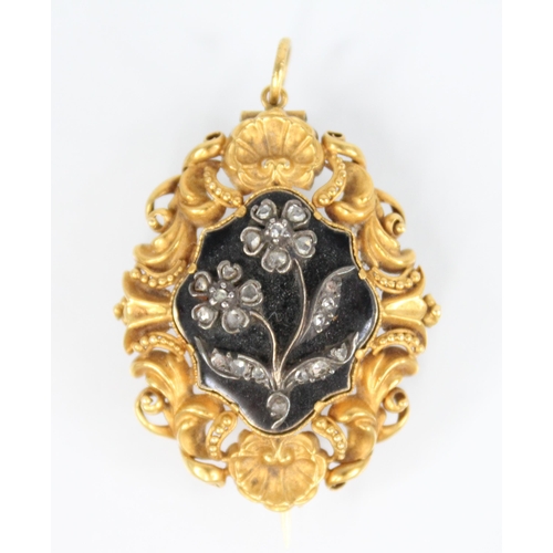 124 - A William IV mourning pendant brooch, the central black enamelled lozenge shaped panel with applied ... 