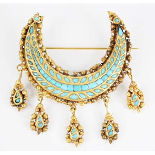 126 - An Indian turquoise set crescent brooch, the gold coloured (unmarked) crescent shaped mount set with... 