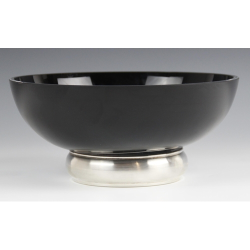 14 - A black glass silver mounted presentation bowl, Broadway & Co, Birmingham 2008, of circular form on ... 