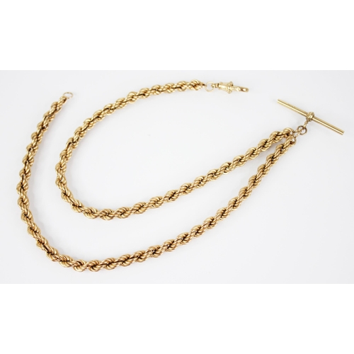 143 - A 9ct gold albert chain, designed as two rope-twist chains suspended on a T-bar link, one with lobst... 