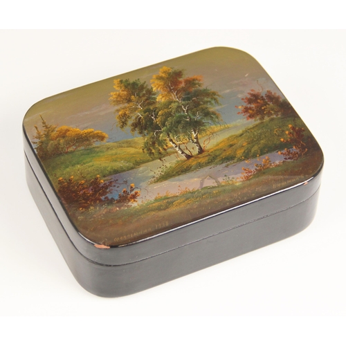 162 - A Soviet Union lacquered box, late 20th century, of rounded rectangular form, the cover painted with... 