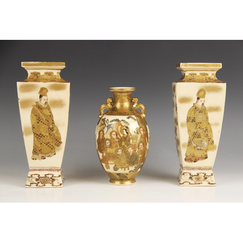 424 - A pair of Japanese Satsuma vases, Meiji period (1868-1912), each of square section form and decorate... 