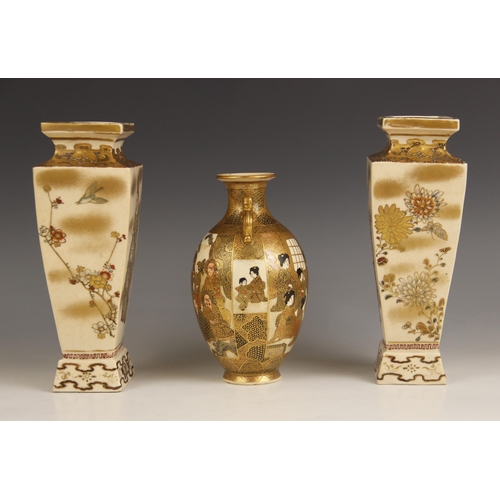 424 - A pair of Japanese Satsuma vases, Meiji period (1868-1912), each of square section form and decorate... 