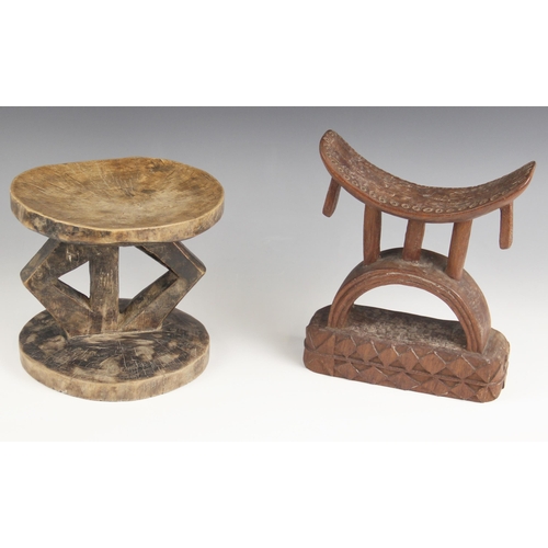 436 - A Southern African tribal art Shona headrest, Zimbabwe 23cm high and a small Zimbabwe Tonga stool 17... 