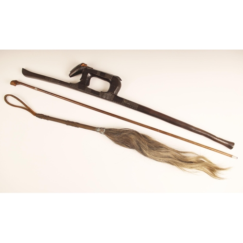 439 - A 19th century South African Zulu wire work fly whisk, 74cm long, a Southern African Zulu walking st... 