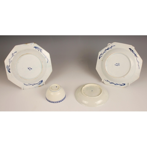 473 - A pair of Worcester porcelain octagonal plates, circa 1770, each powder blue ground plate with a cen... 