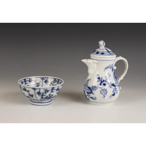 476 - A Meissen blue and white coffee or chocolate pot and cover, 19th century, of baluster form, the spou... 