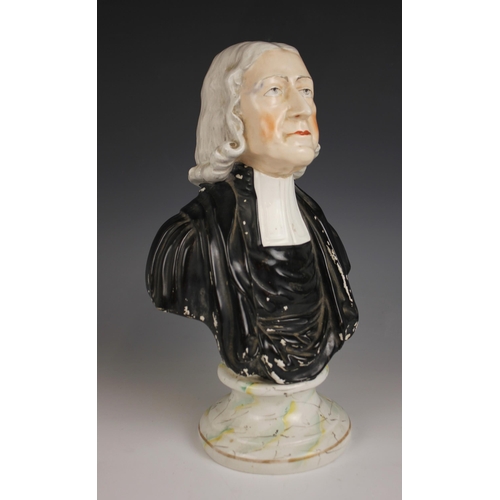 479 - A Staffordshire portrait bust of Reverend John Wesley, mid 19th century, set to an integrated marble... 