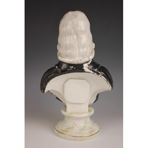 479 - A Staffordshire portrait bust of Reverend John Wesley, mid 19th century, set to an integrated marble... 