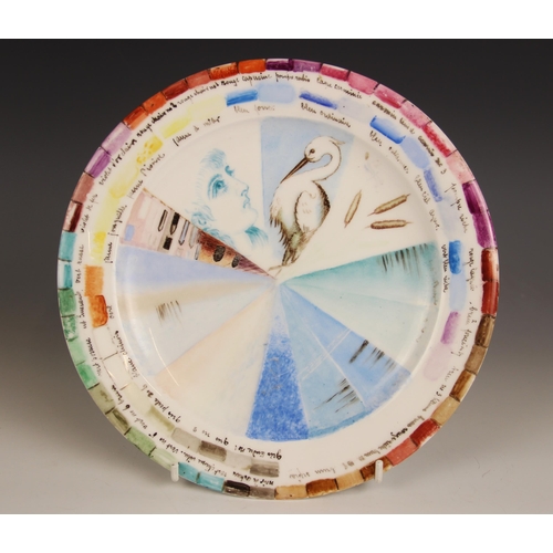 485 - A French porcelain trial plate, 20th century, the top surface painted with colour wheel segments, il... 