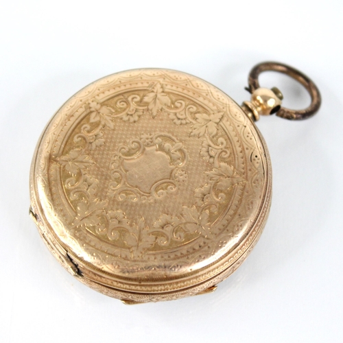 50 - A 14ct gold open face fob watch, the circular engine turned dial with floral engraving to centre, Ro... 