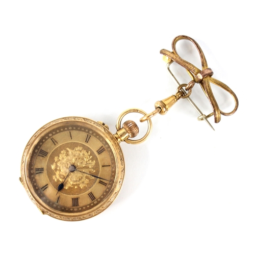 51 - A lady's 18ct gold open face fob watch, the circular engine turned dial with engraved floral detail,... 