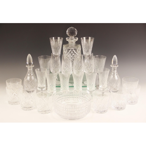 526 - A selection of cut glass stemware, comprising: six waisted champagne flutes, four further champagne ... 