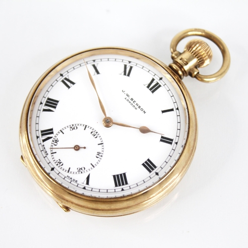 53 - A George VI 9ct gold open faced pocket watch by J.W.Benson, the round white enamel dial with Roman n... 