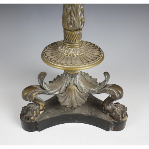 530 - A 19th century polished slate and gilt metal French Empire candelabra, the five cast acanthus sconce... 