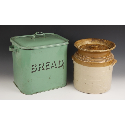 574 - A green enamelled bread bin, early to mid 20th century, of rectangular form, with loop handles appli... 