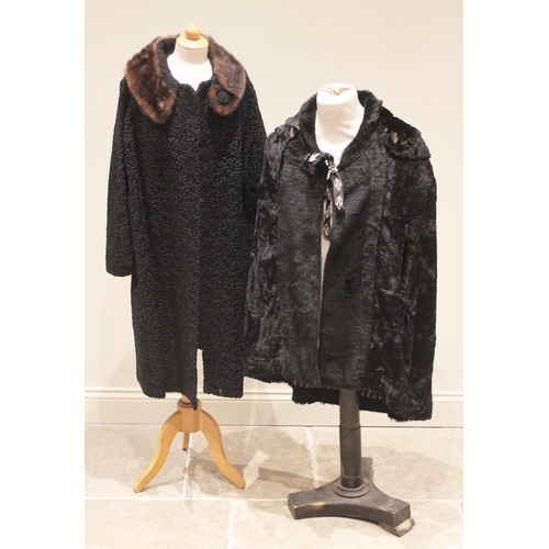 596 - A mid 20th century black astrakhan type faux fur coat, with interior label for 'Astra Furs, Paris' w... 